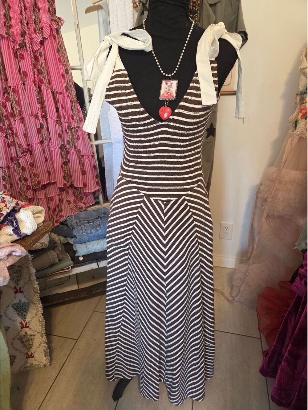 Free People free-est Brown Striped Smocked Tie-Shoulder Chevron Maxi Dress XS